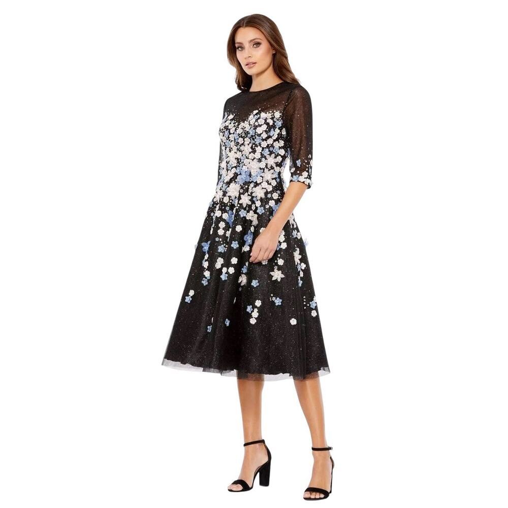 Mac Duggal 11161 Black Floral Appliqué Rhinestone Accent Midi Dress Size 6 $398